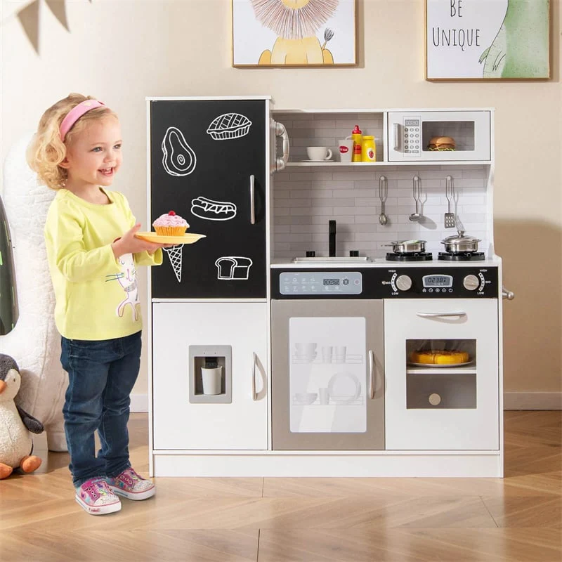 Large Wooden Kids Kitchen Playset, Little Chef Pretend Toy Kitchen Set w/Chalkboard, Microwave, Real Sounds & Lights for Toddlers Age 3+