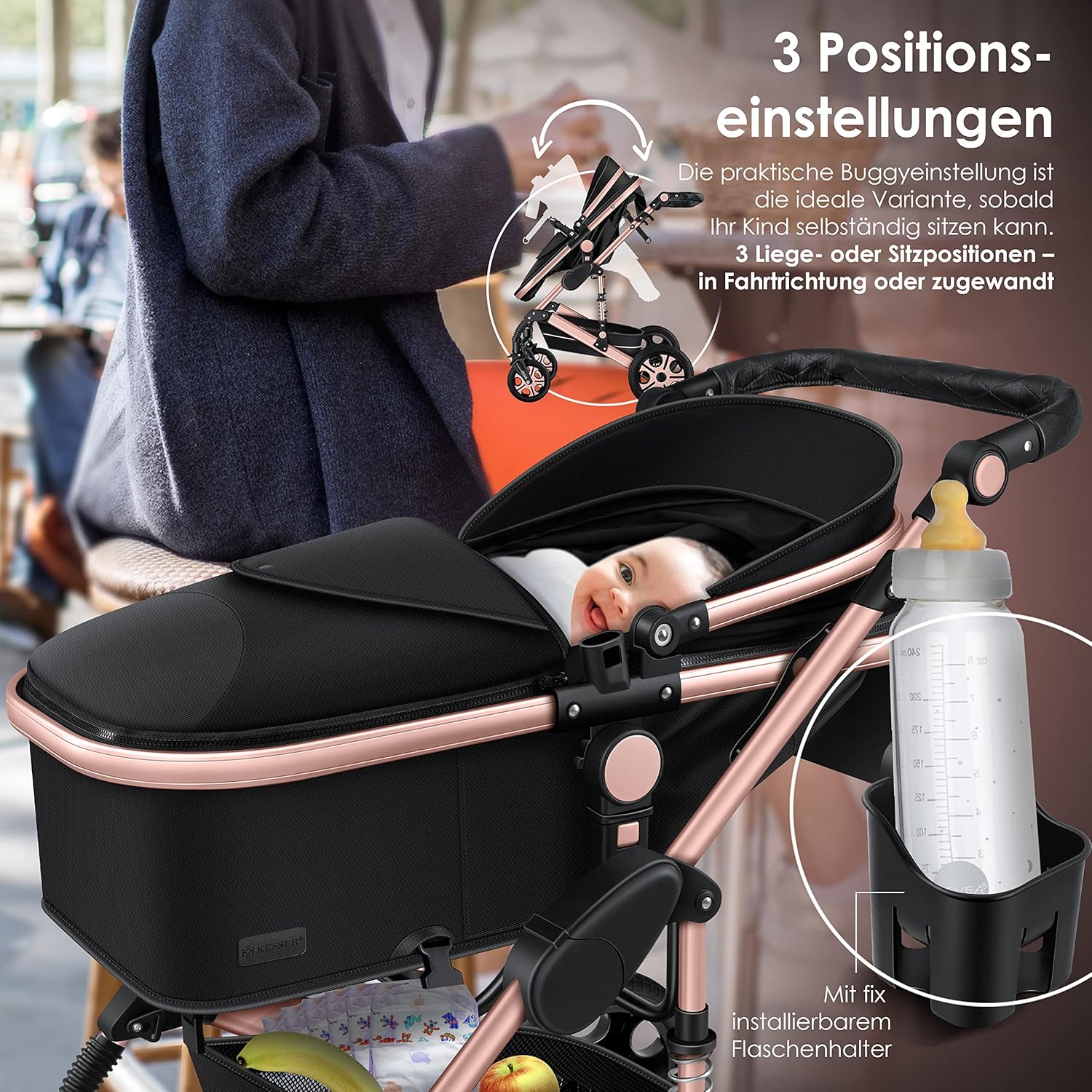 KESSER Loops 3 in 1 Kinderwagen Kombikinderwagen Komplett-Set inkl. Babywanne & Buggy Sportsitz & Auto-Babyschale Voll-Gummireifen Wickeltasche Regenschutz Kindertisch ECE R129, Schwarz/Champagne