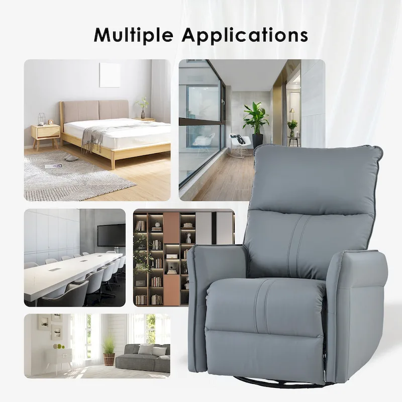 Blue-Gray PU Leather Swivel Glider Rocker Recliner with Pockets, Backrest