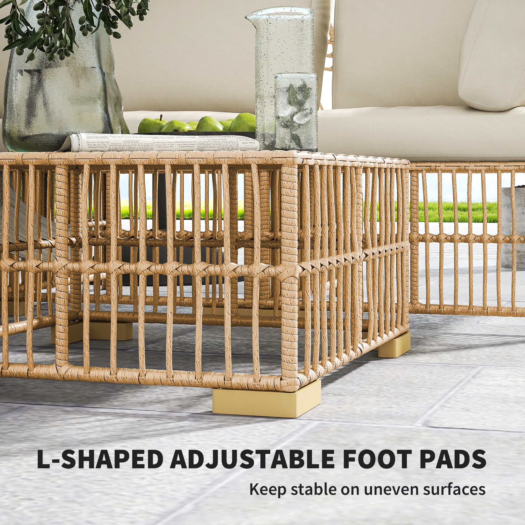 Outsunny 5-delige Tuinmeubelset, 2 Hoekstoelen, 2 Middelstoelen, Voetenbank, Zitkussens, Rugkussens, Lichtbruin+Cremewit