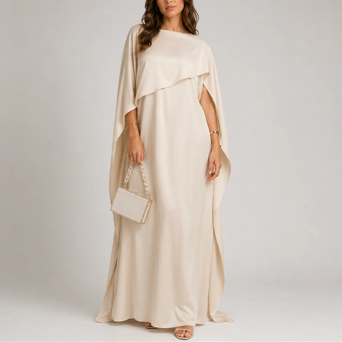 Womena??s Draped Cape Maxi Dress Elegant Floor-Length Style
