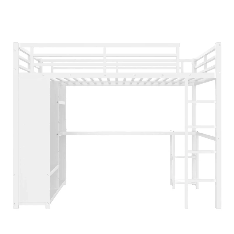 Queen Loft Bed - Built-in Wardrobe & Desk, Metal Frame with Shelves