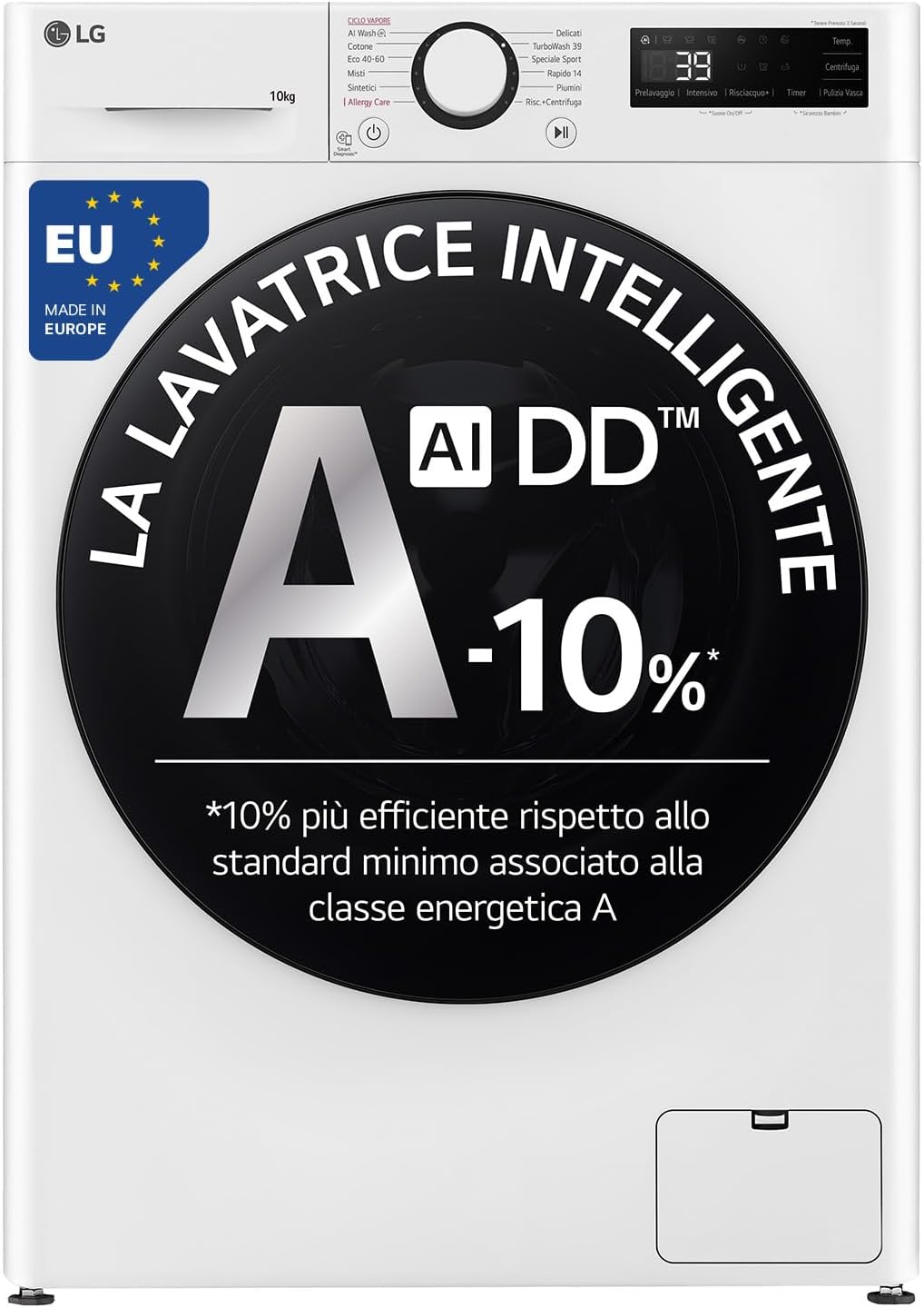 LG AI DD F4R3010NSWW Lavatrice Classe A -10%, Carica Frontale Serie R3, Lavatrice 10kg, 1400 giri, AIWash, Lavaggio a vapore, Motore Direct Drive, Smart Diagnosis, Libera installazione, Bianca