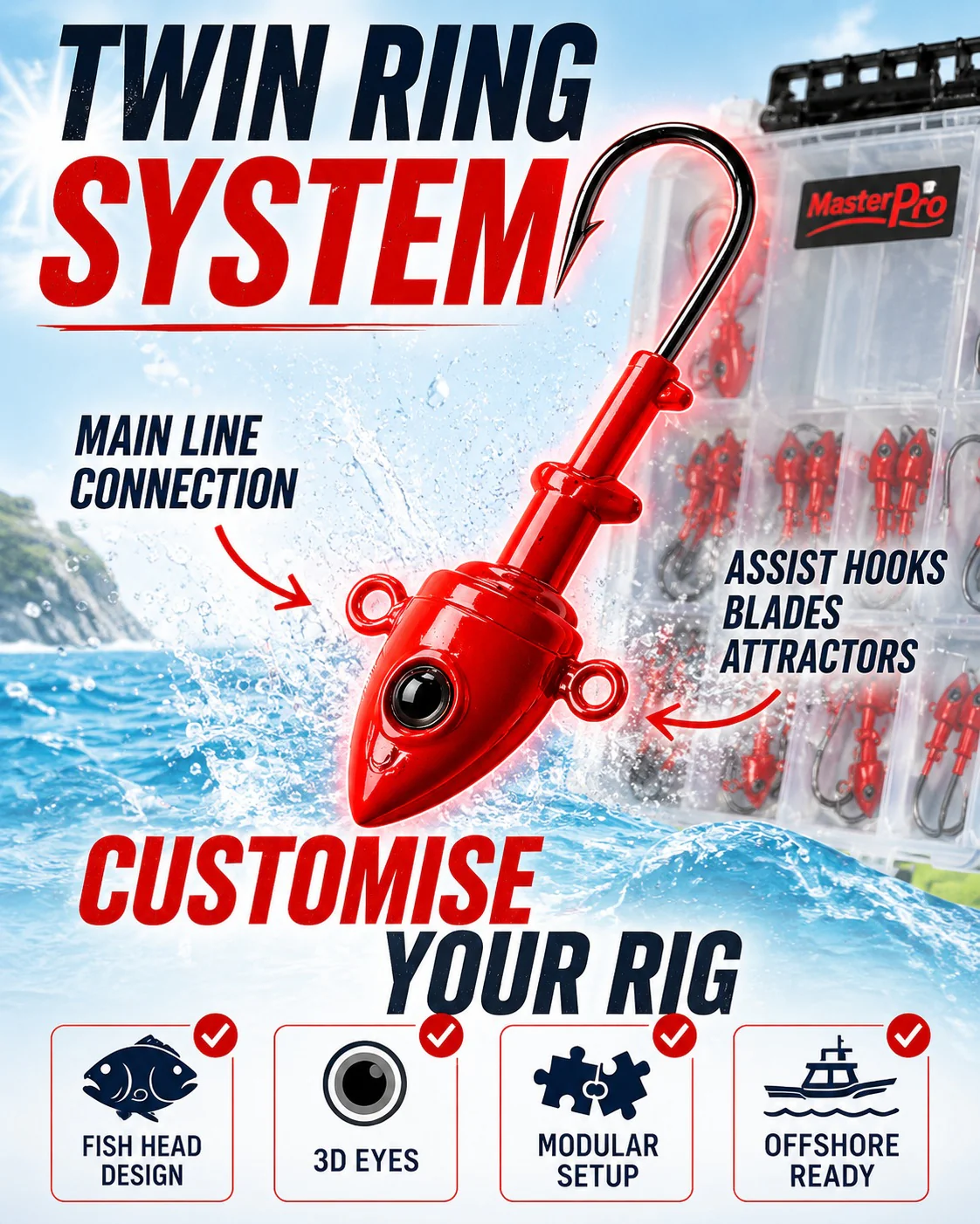 MASTERPRO Complete Australian Waters Kit 27PC Twin Ring Fish Head Jighead Set + FREE Waterproof Tackle Box