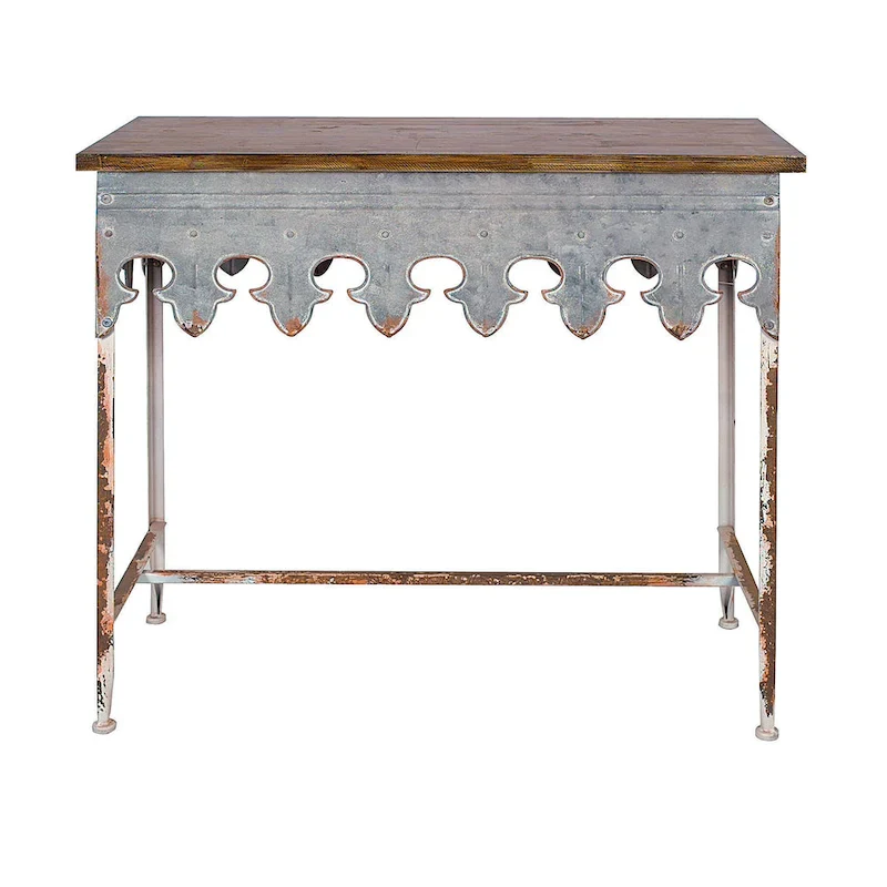 Zinc-Finished Metal and Wood Scalloped Edge Sofa Table