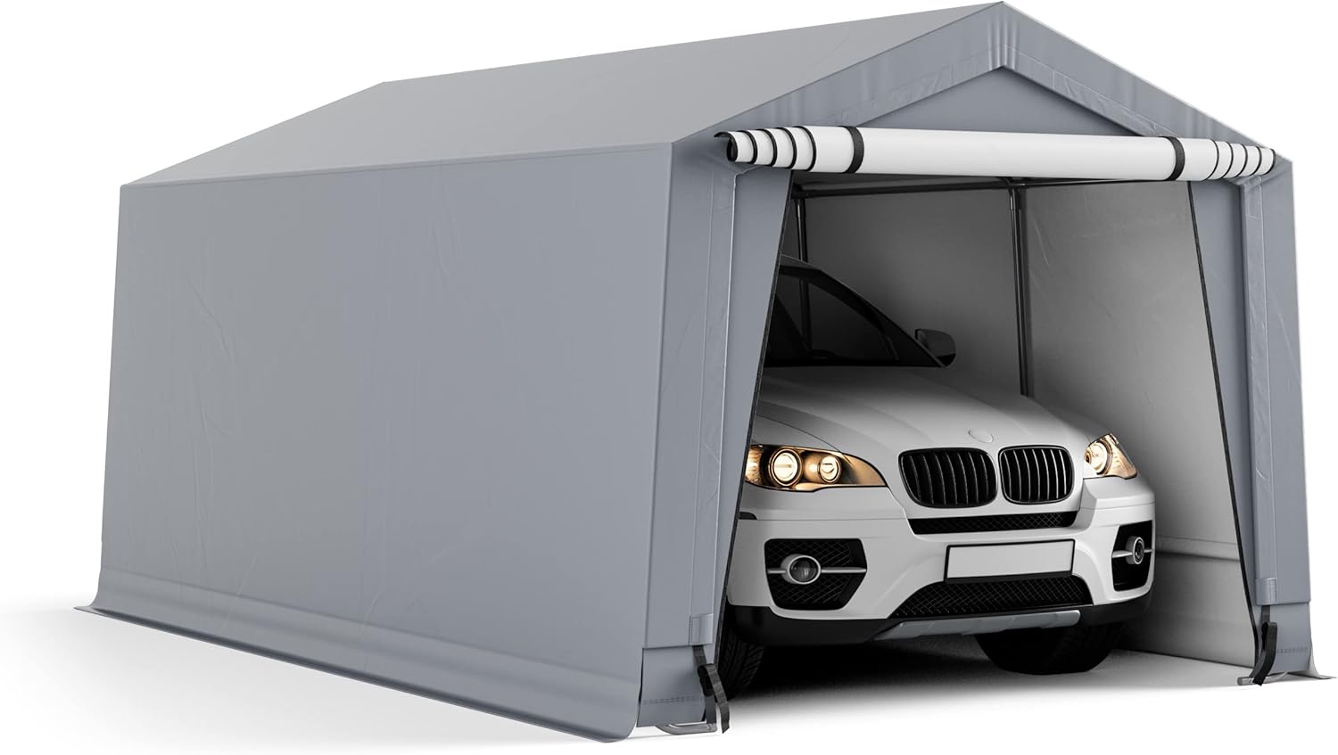 COSTWAY Tendone Garage 2,9 x 4,9 m, Telaio in Acciaio Zincato, Travi Triangolari Rinforzate, per Auto, Moto, Biciclette, Carico e Evento all'aperto, Grigio