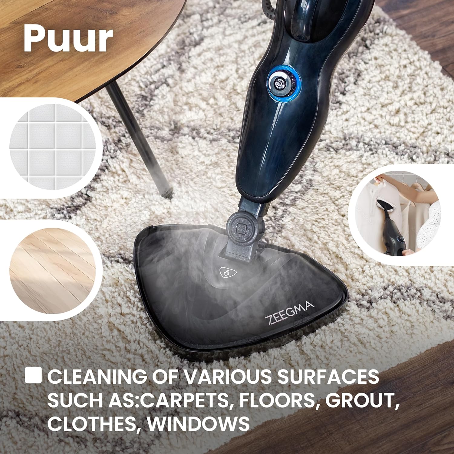 Zeegma PUUR Pulitore a Vapore, Pulizia Senza Prodotti Chimici, Pronto all'Uso in 25 Secondi, 7 Accessori Diversi, 2 Filtri per l'Acqua, Lunghezza Cavo 5m, Potenza 1500 W
