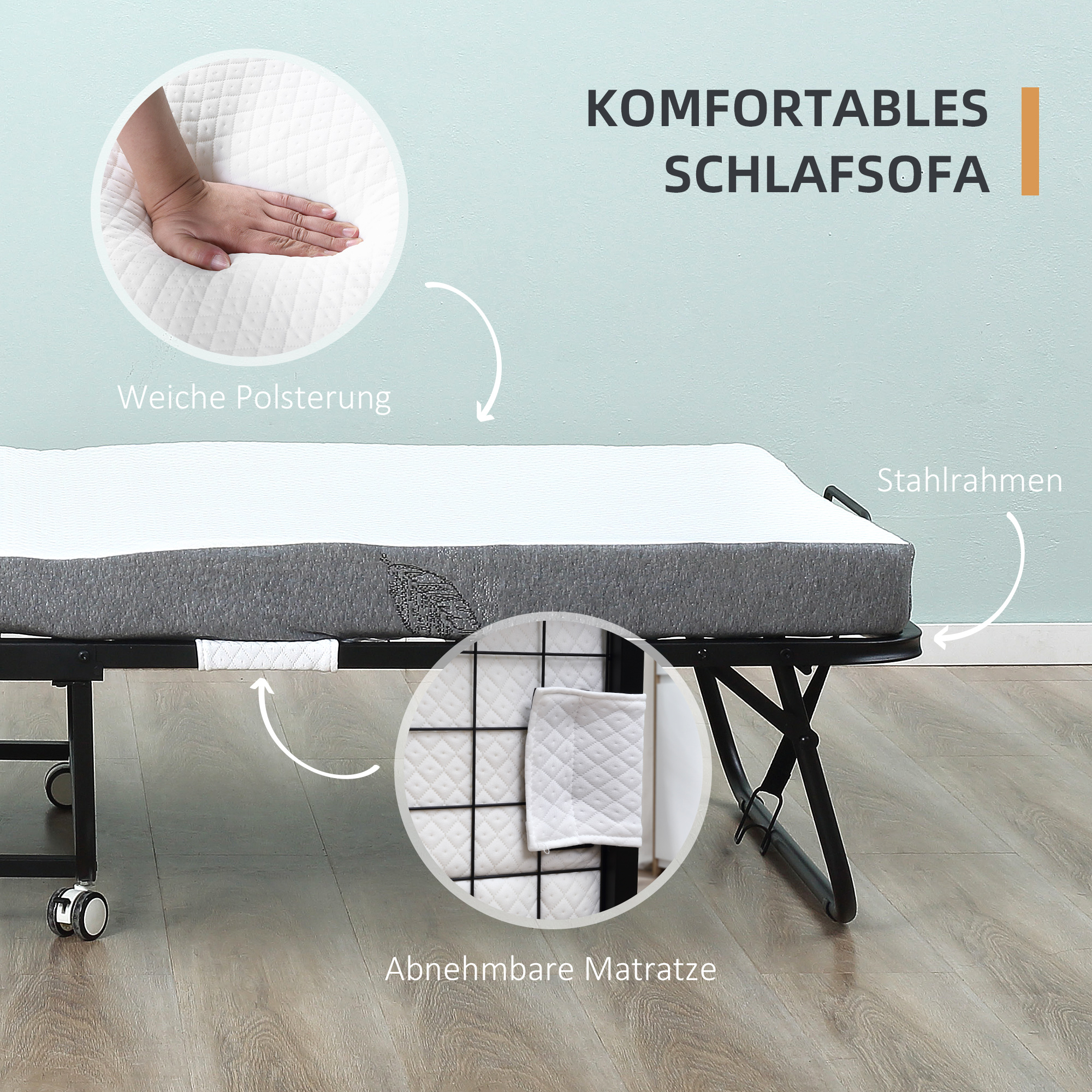 HOMCOM Opklapbaar bed 1 persoons met wielen verstelbaar, tot 150 kg, wit + zwart, 200 x 75 x 42,5 cm | Aosom.nl