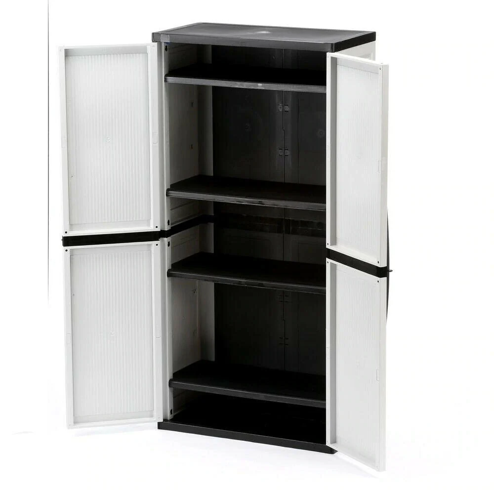 Freestanding garage cabinet made of grey plastic, model 2025, 89 cm W x 180 cm H x 46 cm D, with adjustable shelves and lockable doors.