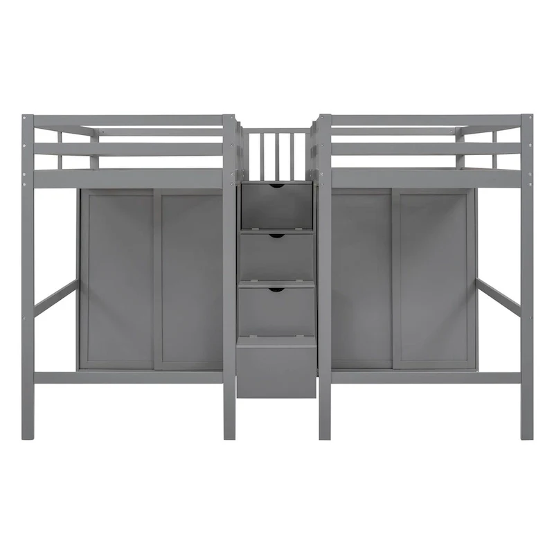 Double Twin Loft Beds with Wardrobes and Staircase