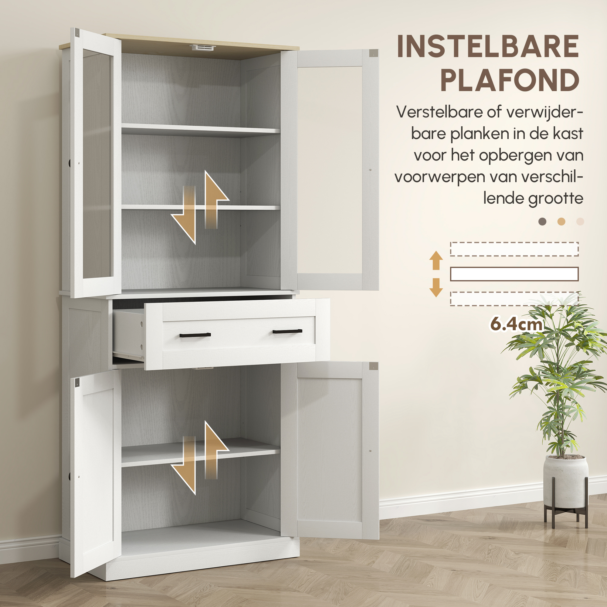 HOMCOM Keukenkast, Buffet, Acrylfront, Lades, 76 x 40 x 182,5 cm, Crèmewit