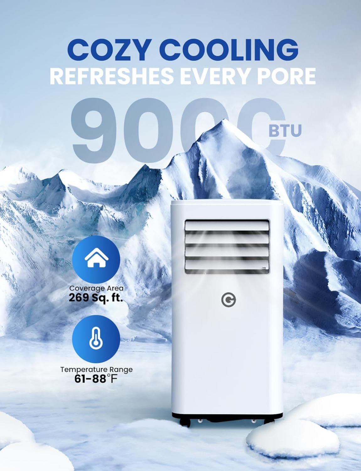 Air Conditioning Unit Portable Air Conditioner 9000 BTU 4-in-1 Dehumidifier,Cooling Fan with 2 Speeds,Digital Display & Remote Control,Window Kit,24 Hour Timer for Room Up to 269sq.ft 1 - Online Shop