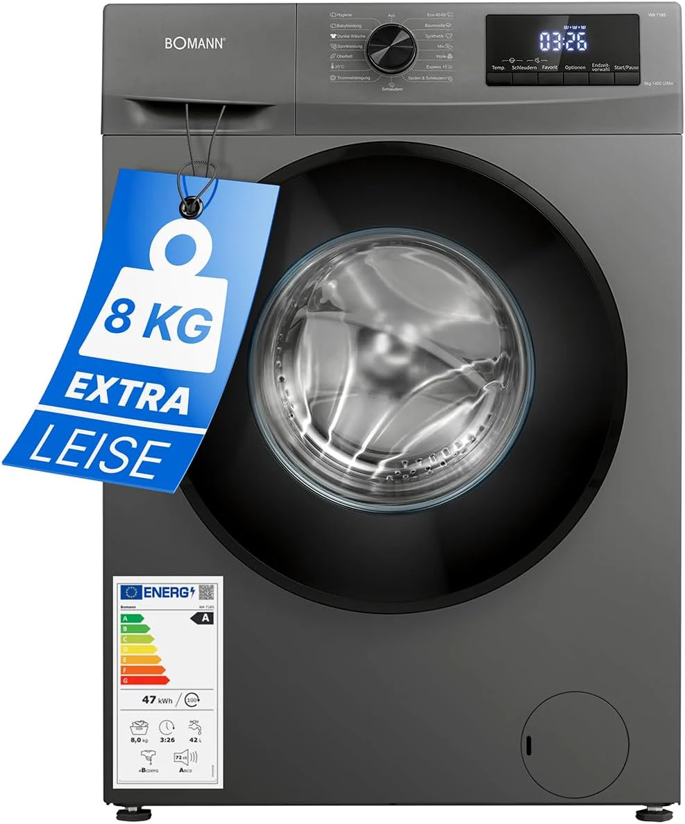 Bomann® mosógép 8 kg | max. 1400 ford./perc | 10 év motor garancia | robosztus, csendes és tartós inverteres motor | 15 mosóprogram | LED kijelző | gőzfunkcióval | WA 7185 Titán – fekete