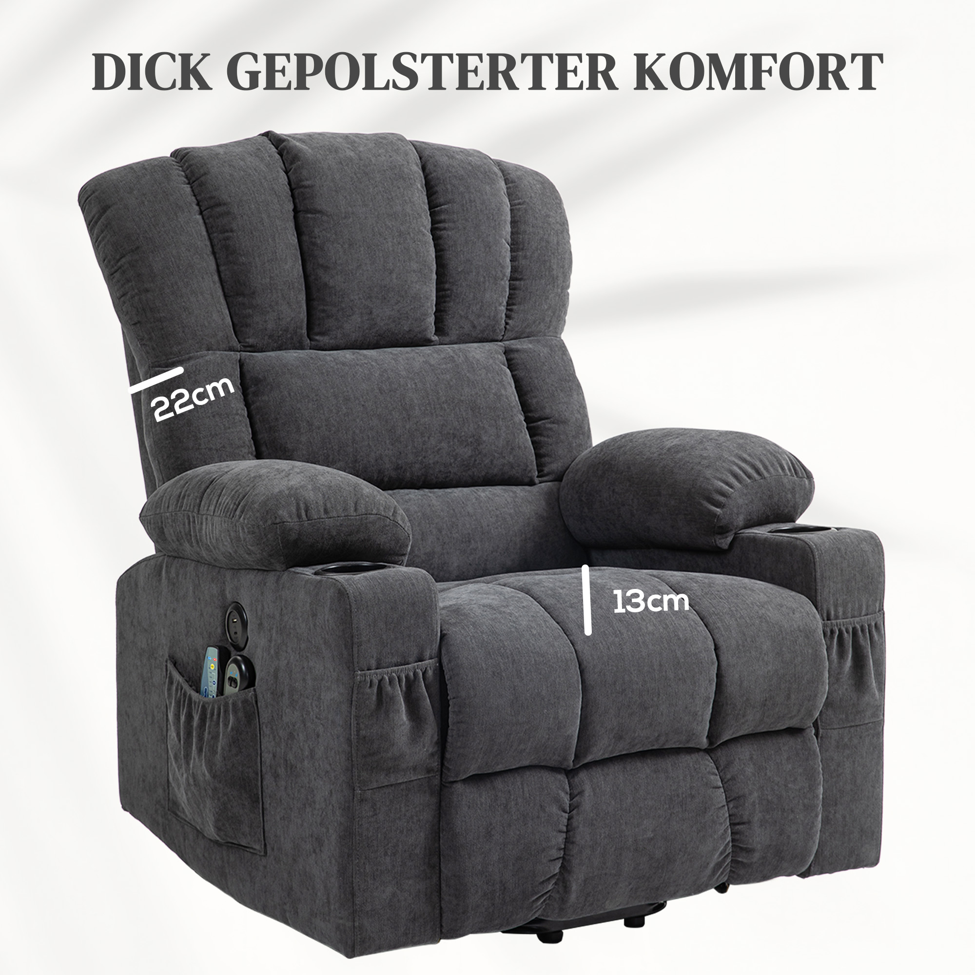 HOMCOM Elektrische Power Lift Sta-op-Stoel met Massage- en Verwarmingsfunctie, USB-Aansluitingen, Bekerhouders, Donkergrijs