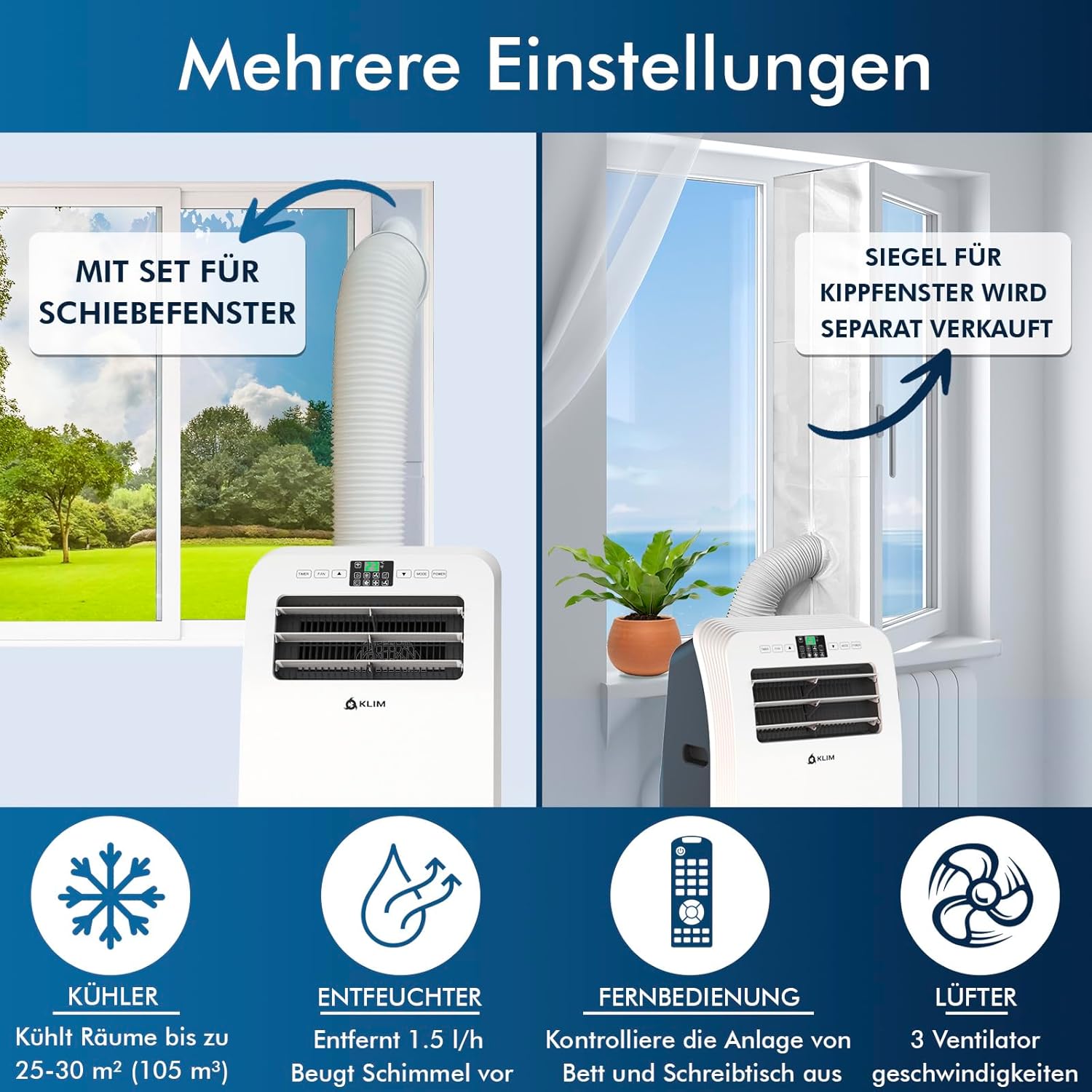 KLIM AC12000 | Leistungsstarke und Leise Mobile Klimaanlage mit 12.000 BTU + NEU 2024 + mit Integrierter Entfeuchtungsfunktion, Ventilator und Kühlmodus + Fernbedienung + 5 JAHRE SCHUTZ