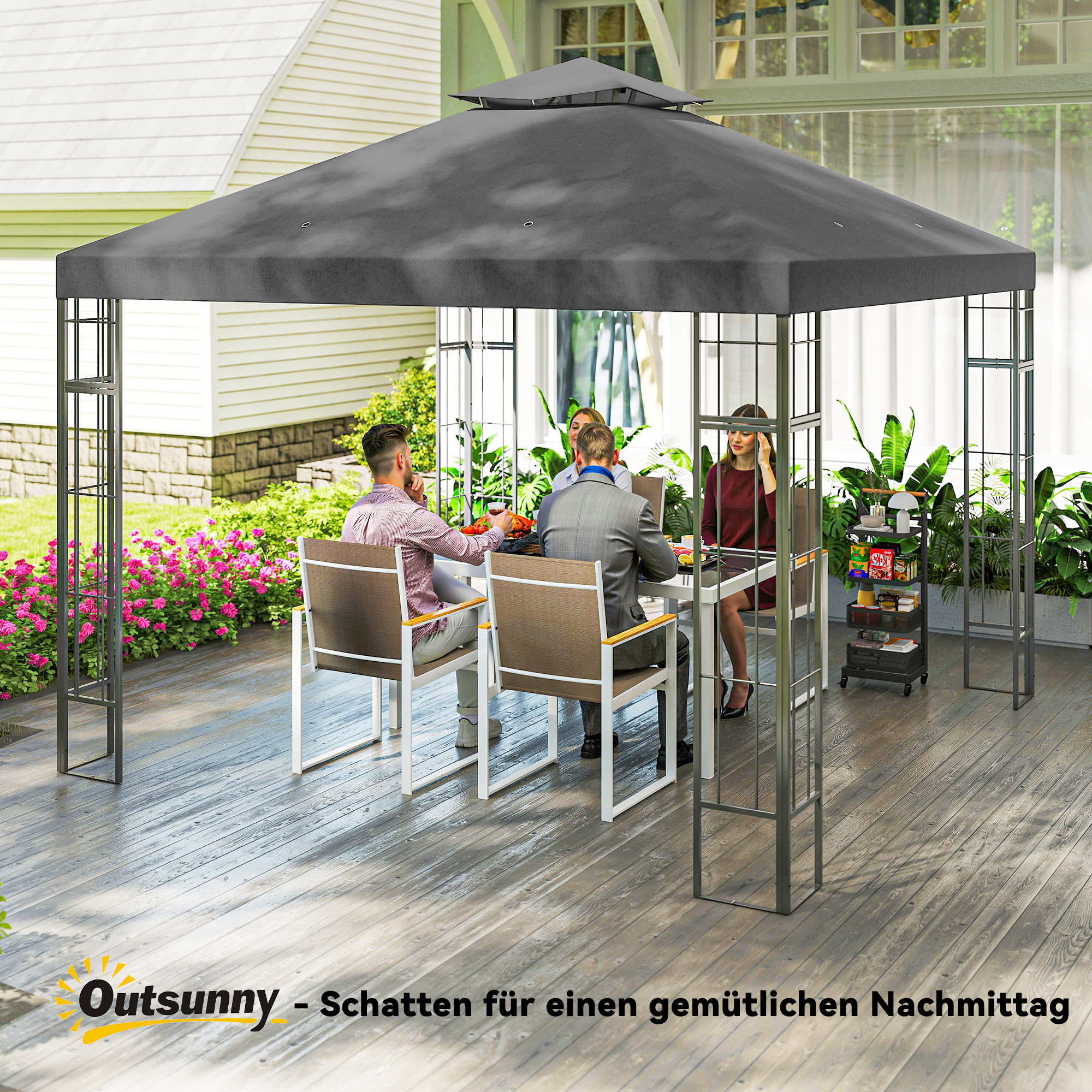 Outsunny 3 x 3 m Tuinpaviljoen, 2-Laags Dakontwerp, UV30+ Bescherming, UV-bestendig, Zonbescherming, Metalen Frame, Donkergrijs