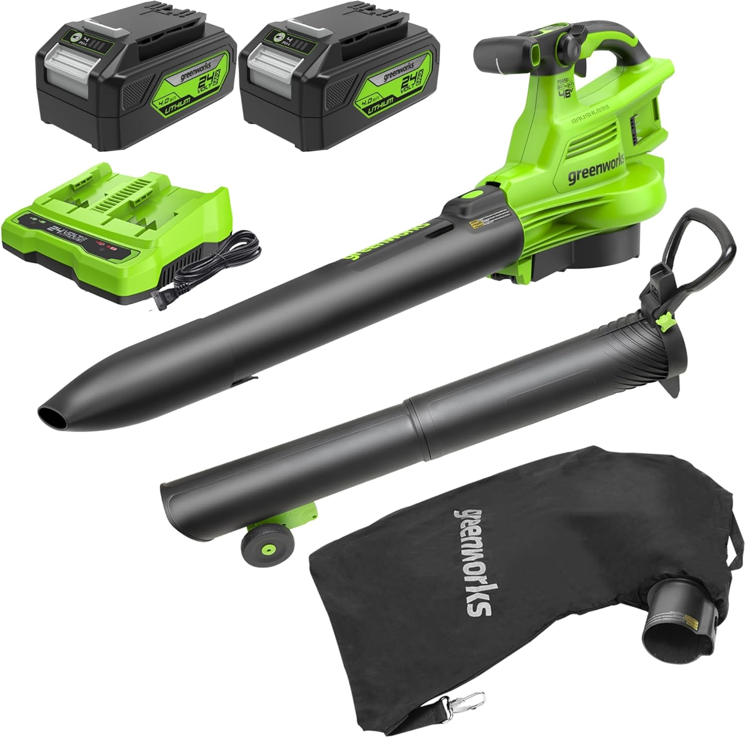 Greenworks 48V (24V x 2) Cordless Brushless Leaf Blower/Vacuum (520 CFM / 240 MPH) with Bag  Powerful & Efficient for Yard Debris Cleanup  Includes (2) 4.0Ah Battery & Dual Port Charger