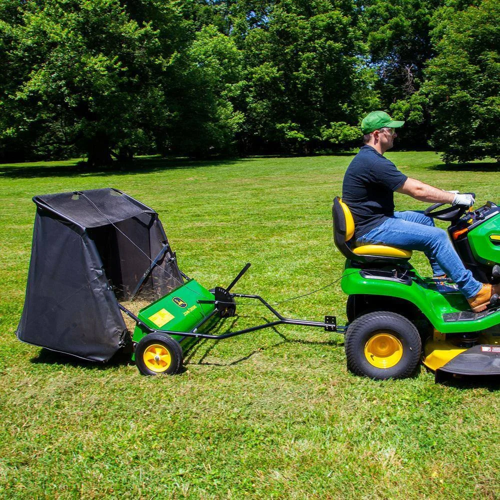 John Deere 42″ trailed lawn sweeper, 24 cubic foot capacity, adjustable brushes