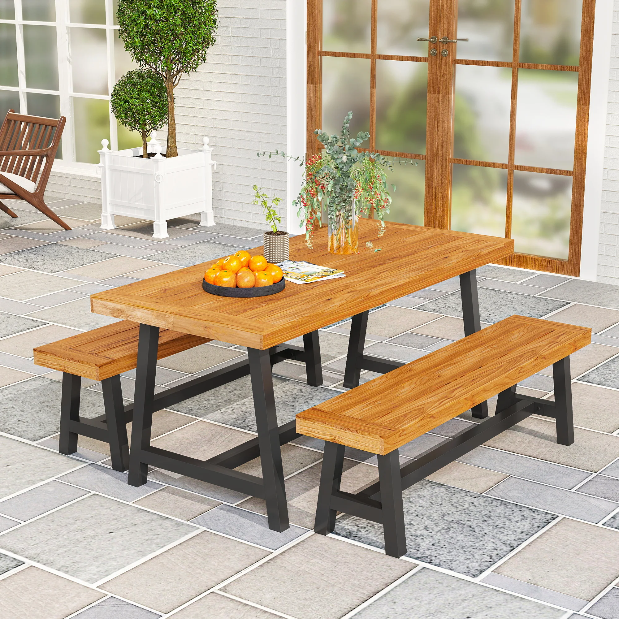 Outsunny Tuinmeubelset 3-delig Hout Eetgroep voor 4 Personen Eettafel met 2 Banken Teak