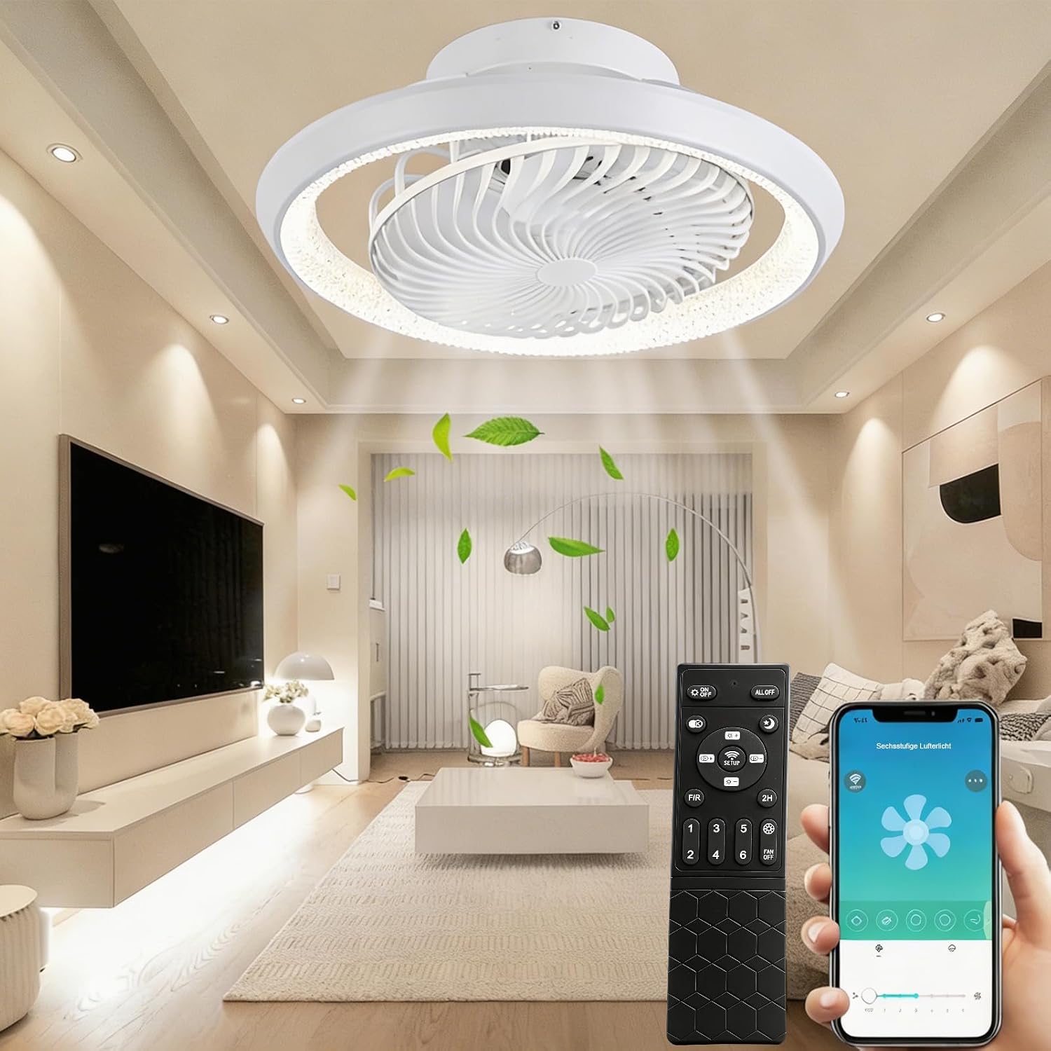 Deckenventilator mit Beleuchtung leise 360° Drehbar, 49cm Moderne Deckenlampe mit Ventilator und Fernbedienung, APP Steuerung, 6 Windstufen, DC Motor, für Schlafzimmer, Weiß