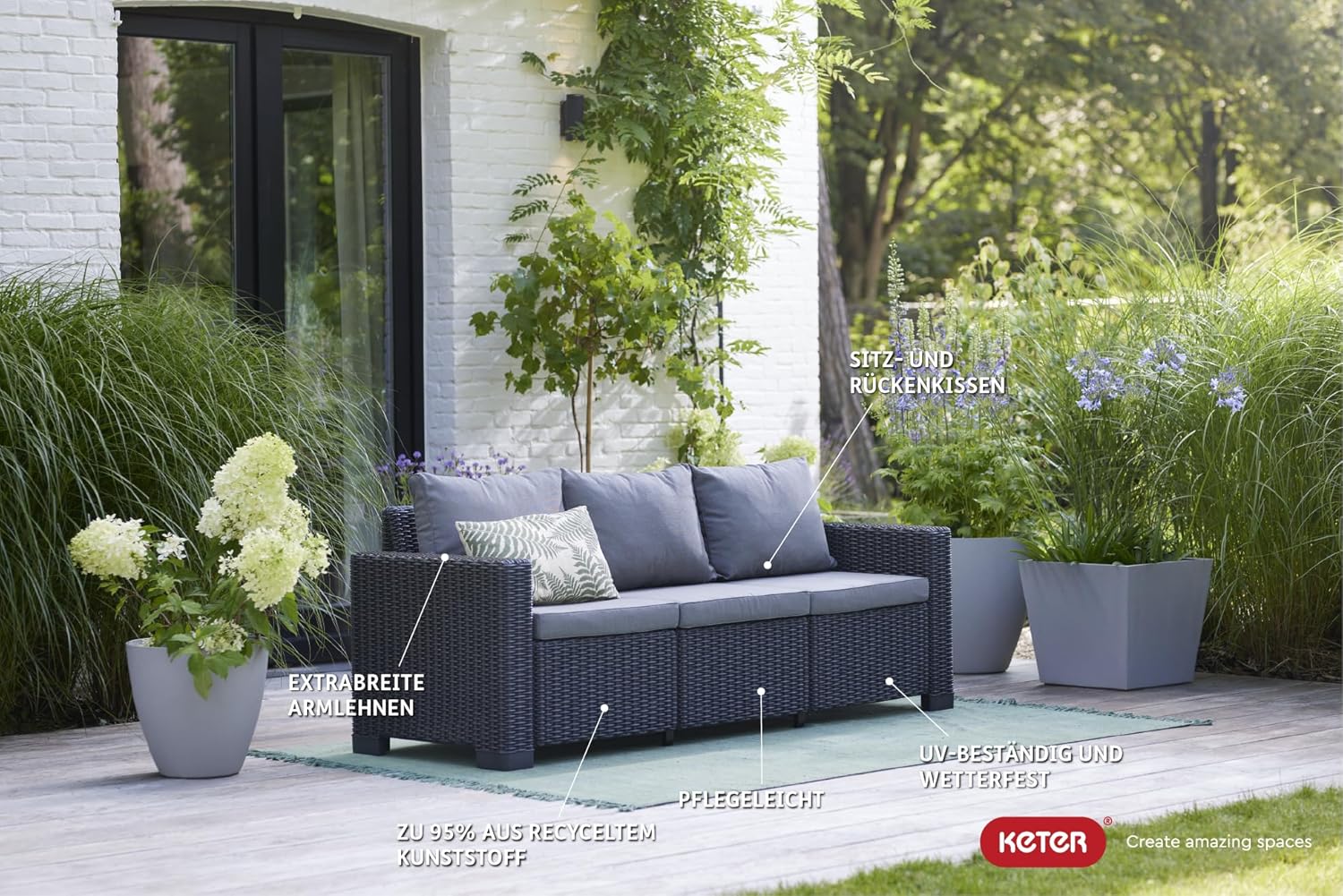 Allibert Amazon California 3-Sitzer anthrazit, Version 2022 - Rattanoptik, wetterfest, Garten, Outdoor