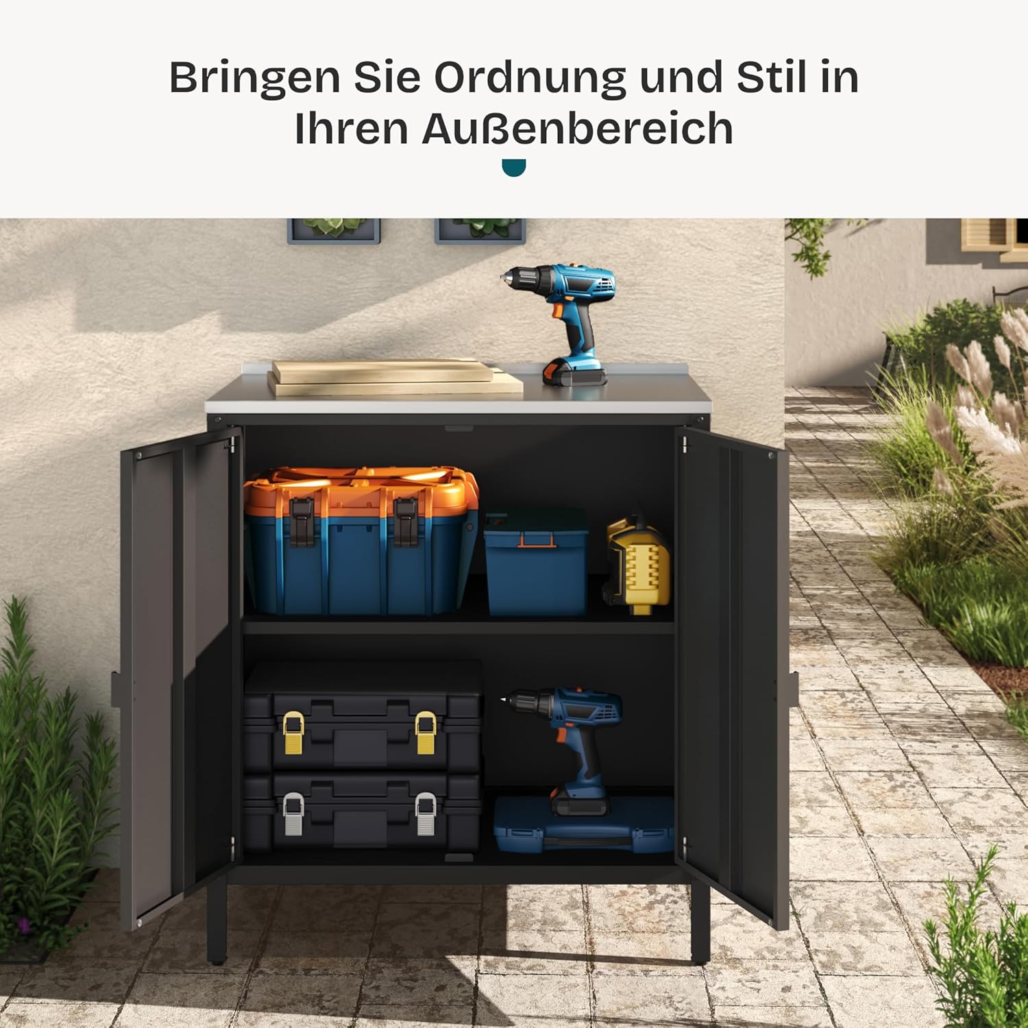 casa.pro Outdoor Schrank Bolognano Gartenschrank Balkonschrank Spind Zwei Türen für Innen- und Außenbereich 92x80x50 cm Schwarz, matt
