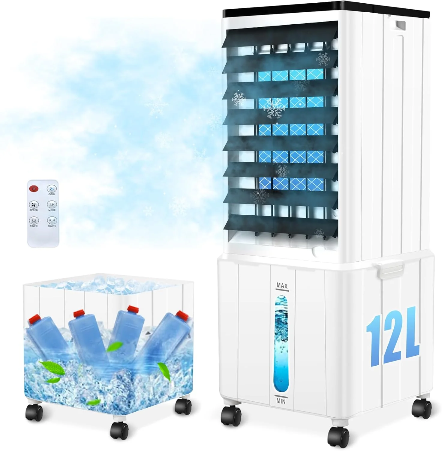 Légkondicionáló elvezetőtömlő nélkül, 12 literes, 60W mobil klíma 12 órás időzítővel, 3 üzemmód, 40dB, 120°-os oszcilláció, levehető víztartály, távirányító, csendes légtelenítő léghűtő lakásokba, szobákba