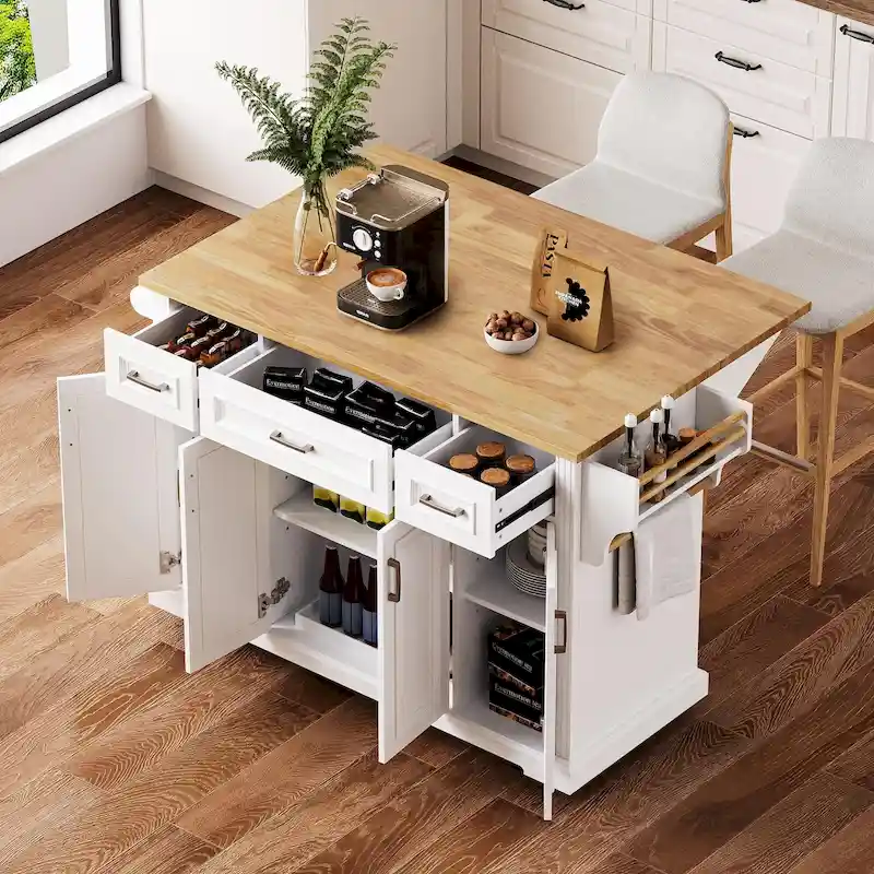 Rolling Kitchen Island with Drop Leaf, Kitchen Island Cart on Wheels, Moveable Island Table with 4 Doors Cabinet & 3 Drawers