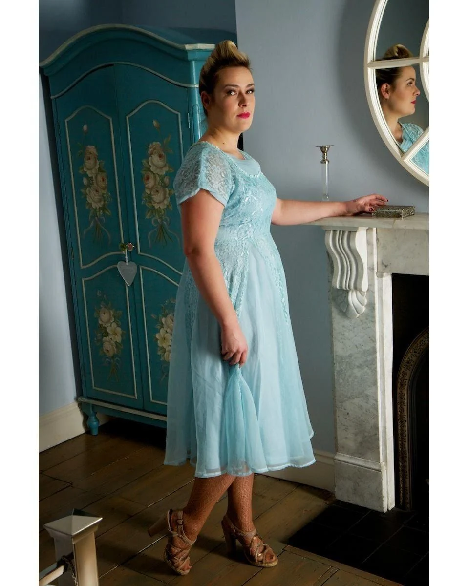 1950s Powder Blue Chiffon & Lace Dreamy Dress