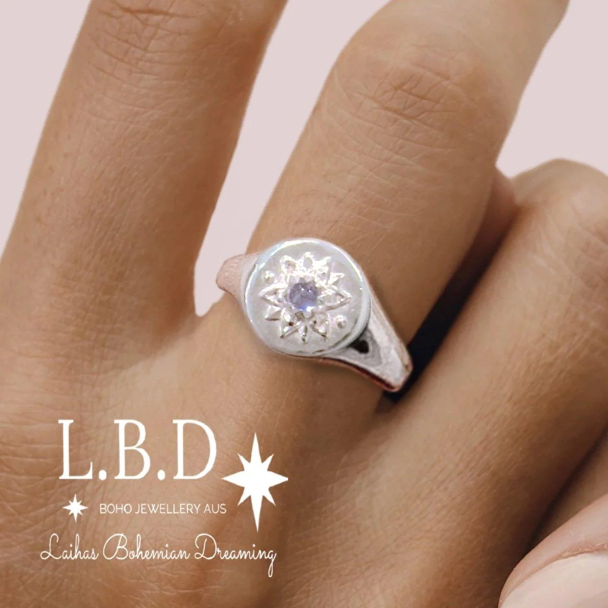 Laihas Intricate Vera May Sterling Silver Signet Ring- Moonstone Ring