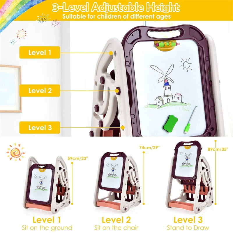 3-in-1 Kids Art Easel Double-Sided Magnetic Whiteboard & Chalkboard with Book Rack, Height Adjustable Standing Book Shelf Art Easel for Toddlers