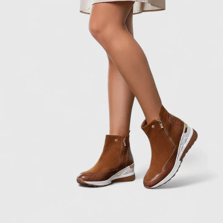 Women��s Black Wedge Ankle Boots Croc-Panel Zip-Up Design
