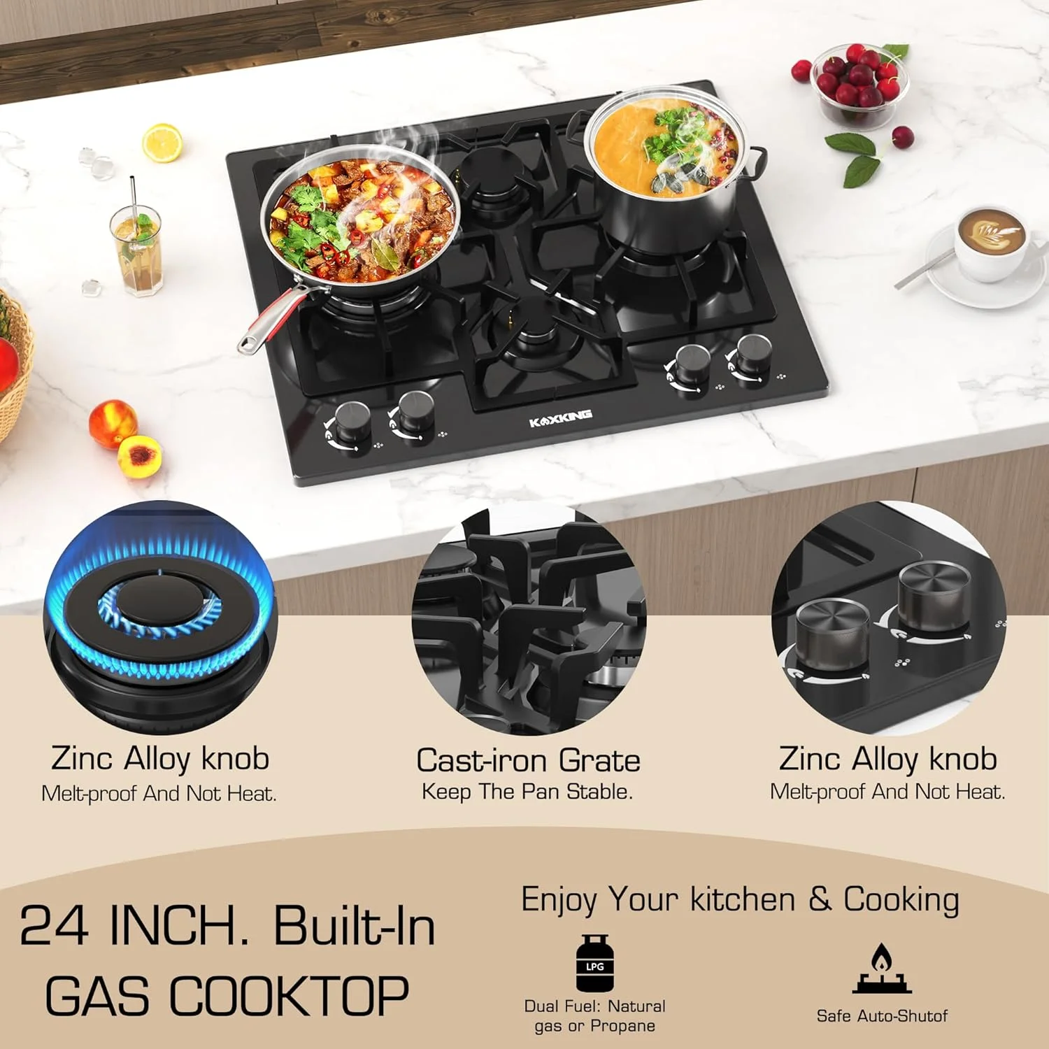 24 Inch Black Gas Cooktop - Built-in Dual Fuel Natural Gas & Propane Stove - 4 Burner Convertible Cooktop with Thermocouple Protection