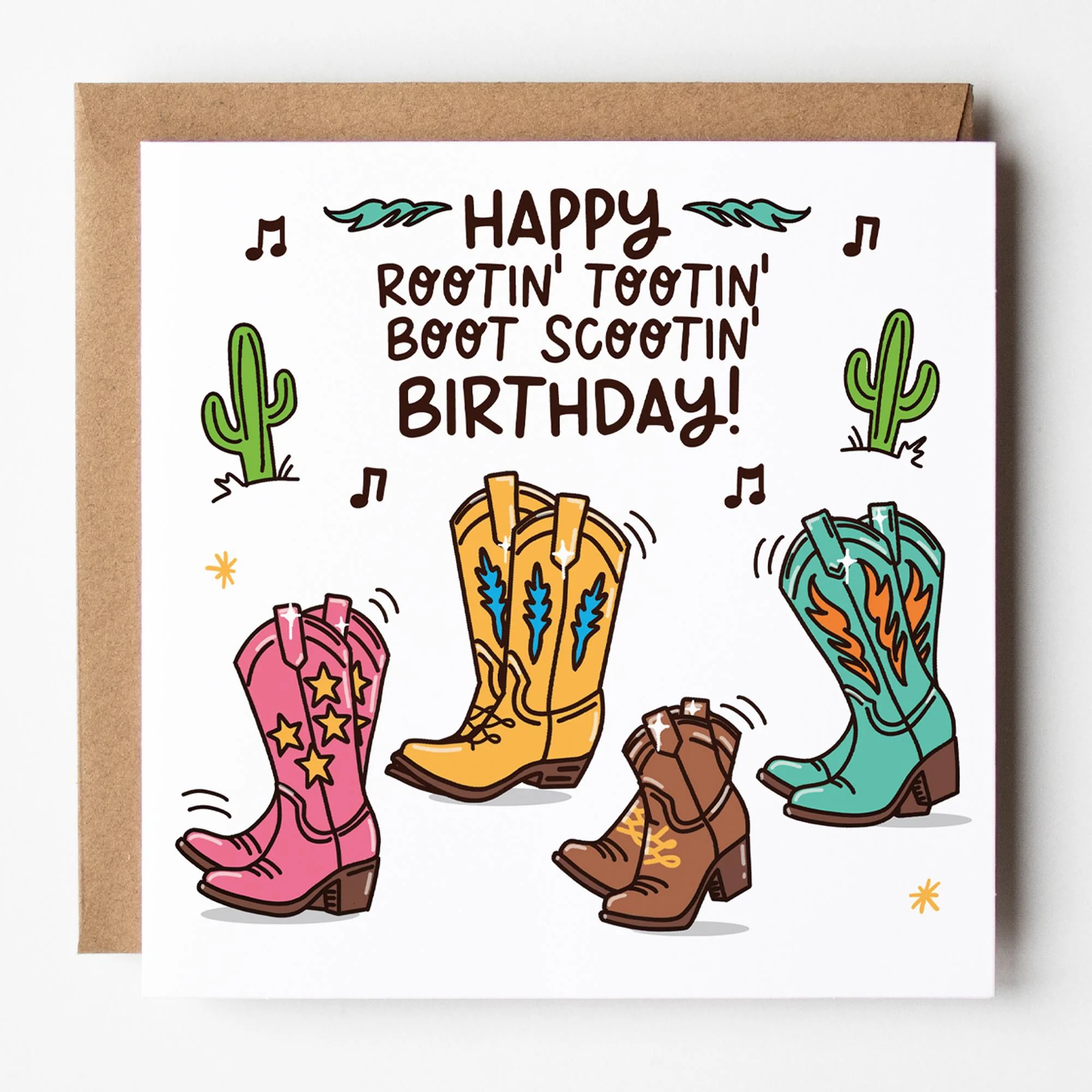 Cowboy Boot Scootin Birthday Card: Line Dancing, Rootin Tootin, with Kraft Envelope