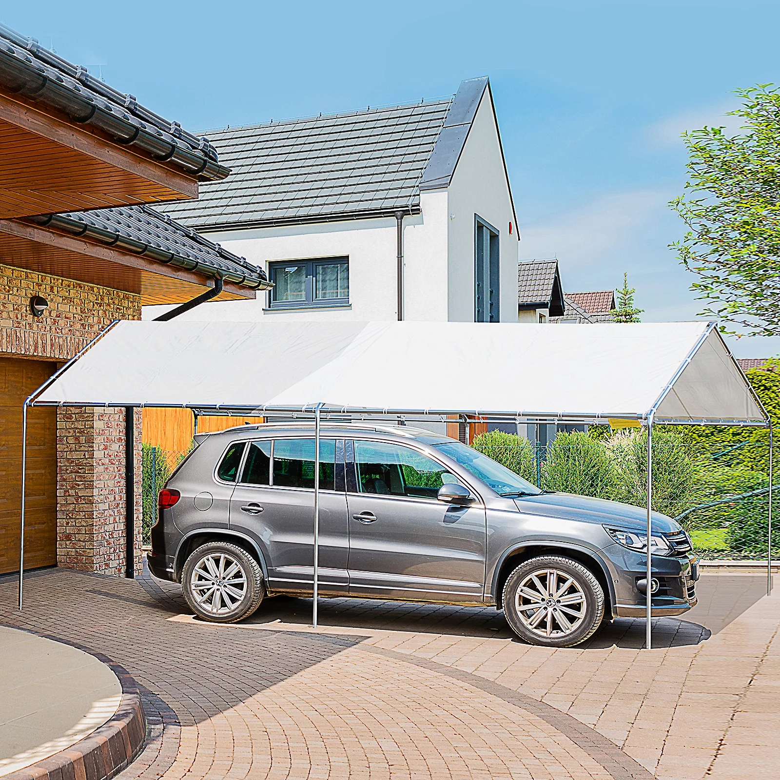 Outsunny 10'x20' Hoogwaardig Carport van Gegalvaniseerd Staal met Verankeringsset inbegrepen, 3 versterkte stalen kabels, wit