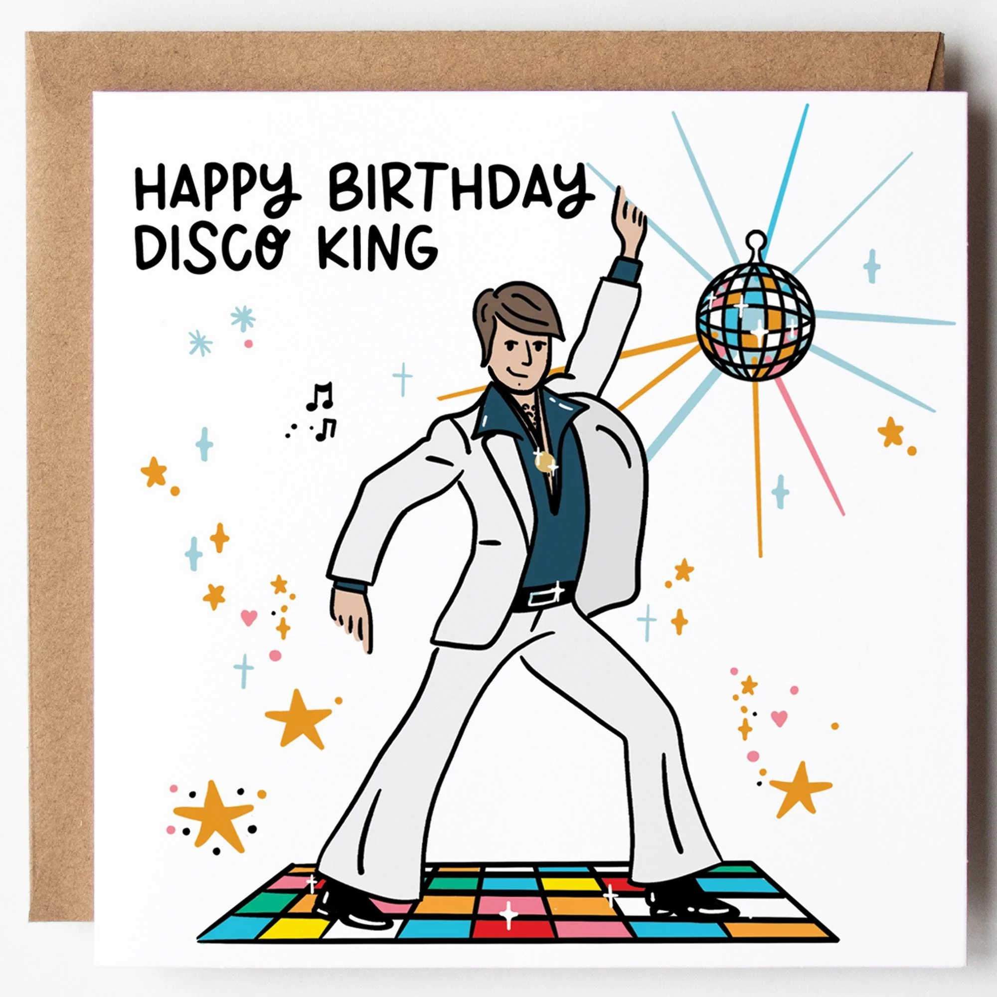Disco Birthday Card For Him: Dancing King, Funny, with Kraft envelope