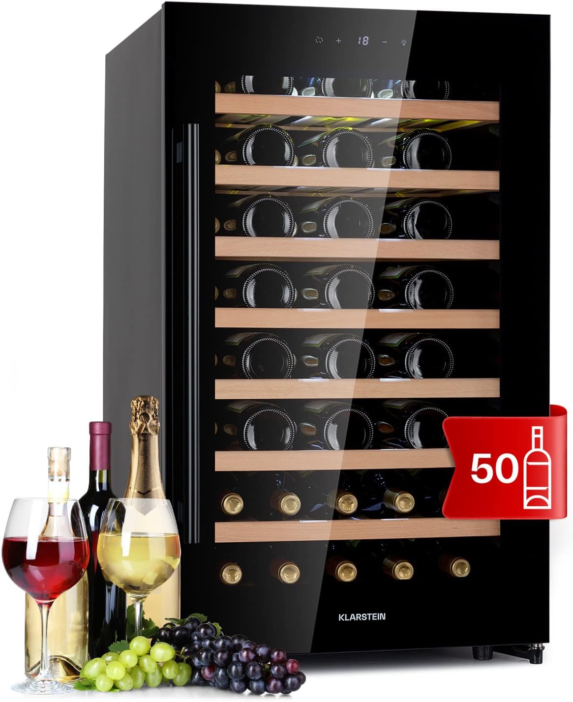 Klarstein Cantinetta Vino, Cantinetta Vino Refrigerata a Zona Singola per Interno/Esterni, Frigo Bar, Cantina Vino con Vetrina, Mini Bar con Protezione UV, Frigo Vino Touch, 5-18°C, 52 Bottiglie