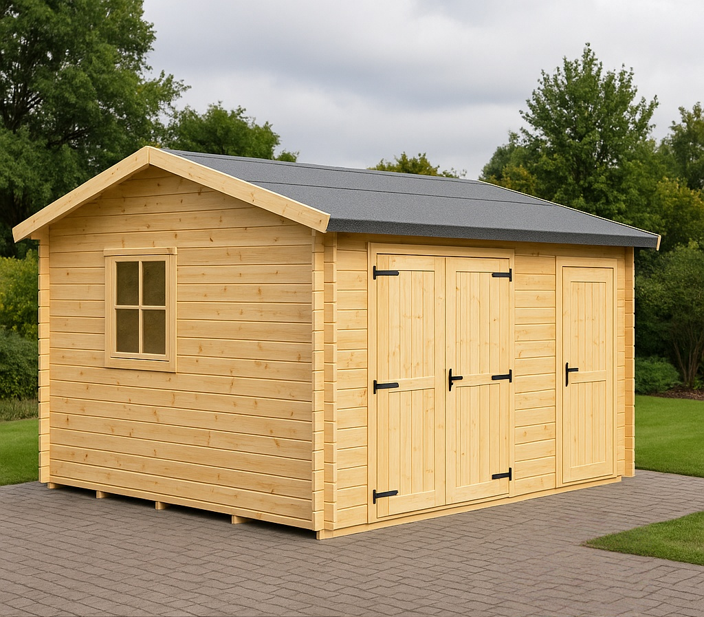 Haveskur + Naturskur + Beige + Massiv fyr + Udendrs/Opbevaring 400 x 300 x 250 cm