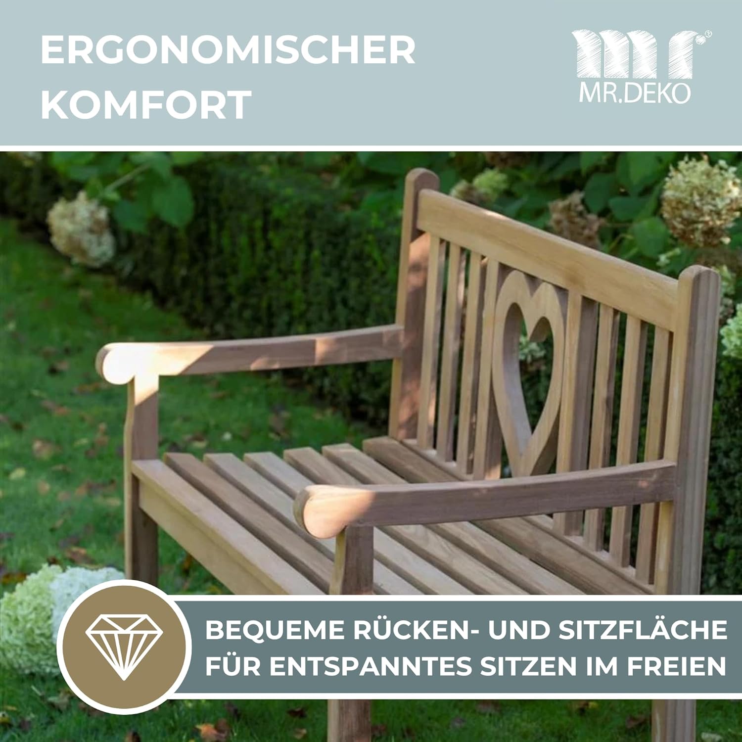 Gartenbank Motiv Teakholz | Holzbank mit Lehne | Friesenbank für draußen | 2-Sitzer 120x60x94 cm | Sitzbank Teak massiv & wetterfest Garten Balkon Terrasse | Parkbank zum Relaxen (Herz)