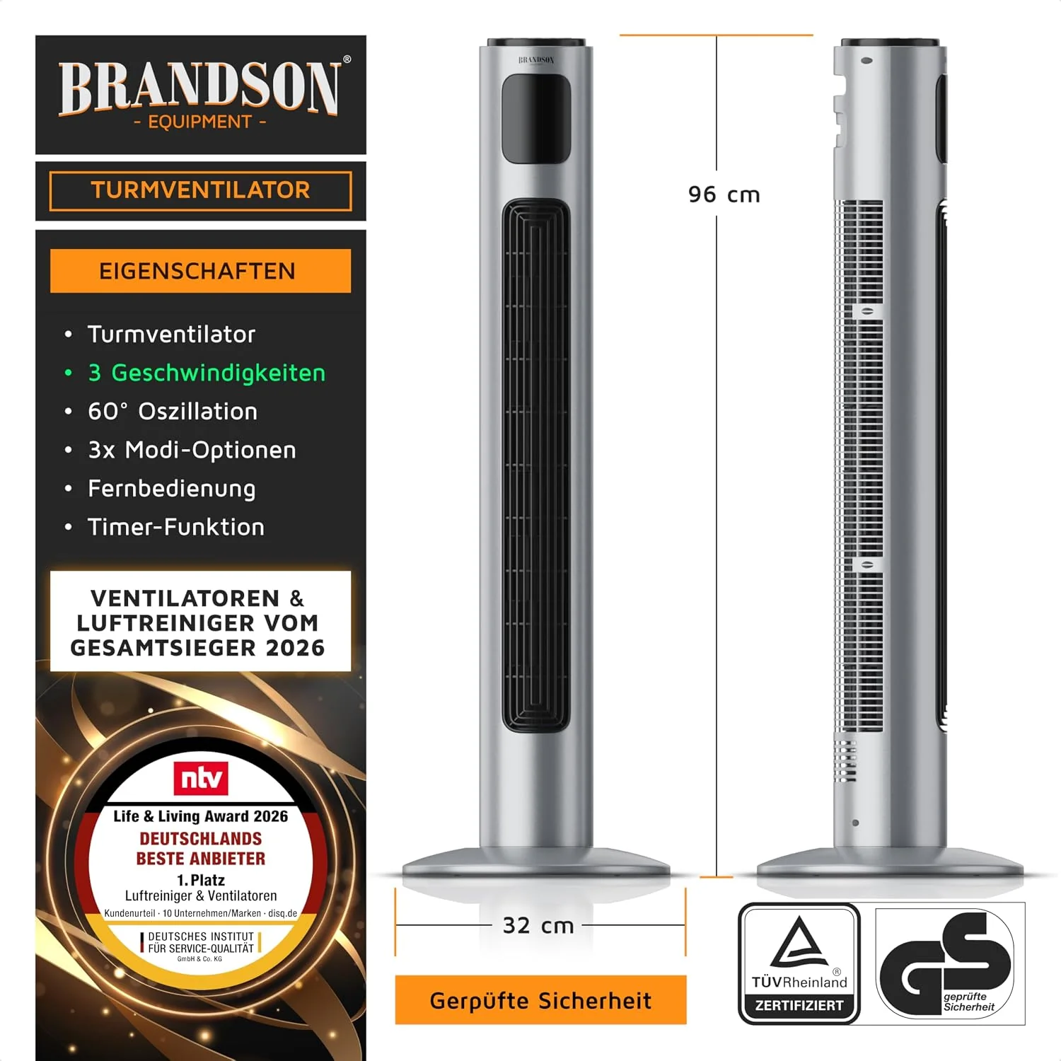 Brandson - Toronyventilátor távirányítóval 96 cm - 2026-os díjnyertes - csendes mobil ventilátor - oszcilláló állóventilátor - 3 sebesség 3 üzemmód időzítő - GS tanúsítvánnyal rendelkező ventilátor - Acélezüst