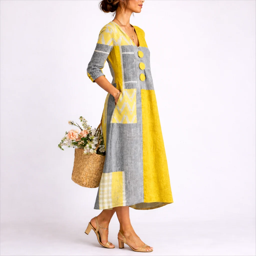 Womena??s Linen Blend Midi Dress Wrap-Inspired Summer Style