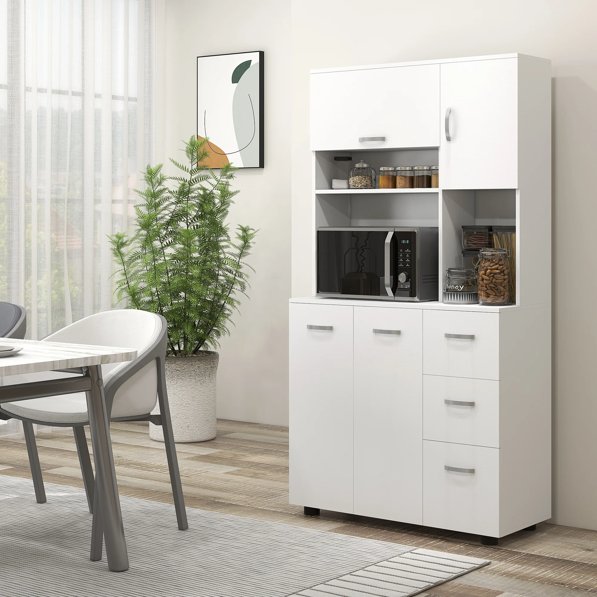 HOMCOM Keukenkast, Buffet, 3 Laden, 3 Planken, Veel Opbergruimte, 89x39,5x168cm, Wit
