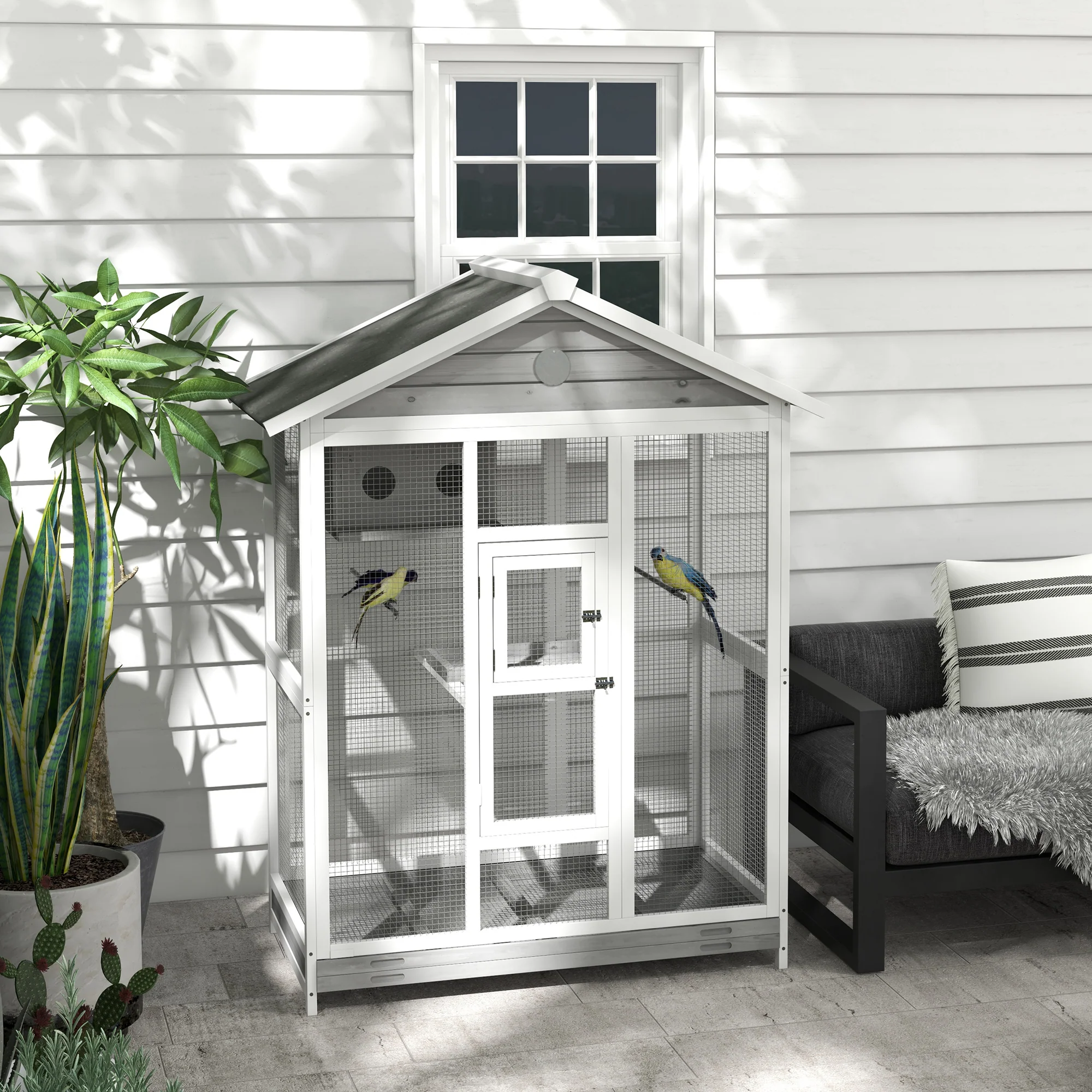 PawHut Houten vogelkooi met 4 zitstokken, asfaltdak, waterdicht, 112 x 68 x 154 cm