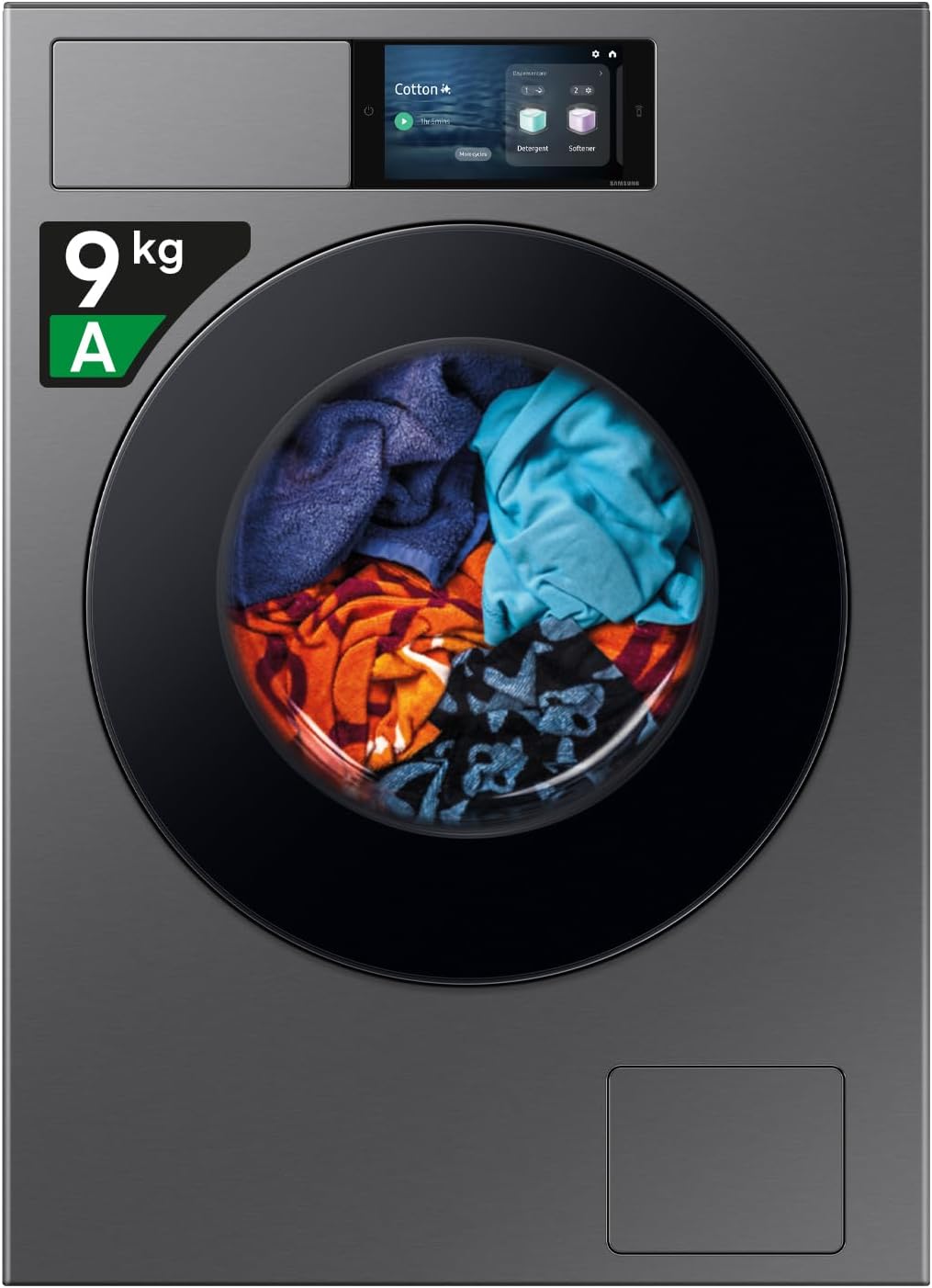 Samsung Lavatrice BESPOKE AI Laundry WF90F09C4S/U3 Libera installazione, 9 Kg, Wifi, Ecodosatore, Display AI Home, Classe Energetica A-55%, Corpo: Dark Silver Steel, Oblò: Nero, 60l x 85h x 60p cm