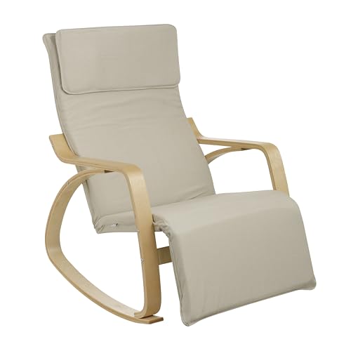 Baroni Home Sedia a Dondolo con Braccioli in Legno da Interno, Poltrona a Dondolo ergonomica in Tessuto con Poggiatesta e Poggiapiedi Regolabile a 5 Altezze, Max 150 kg, Salotto Camera, Beige : Casa e cucina
