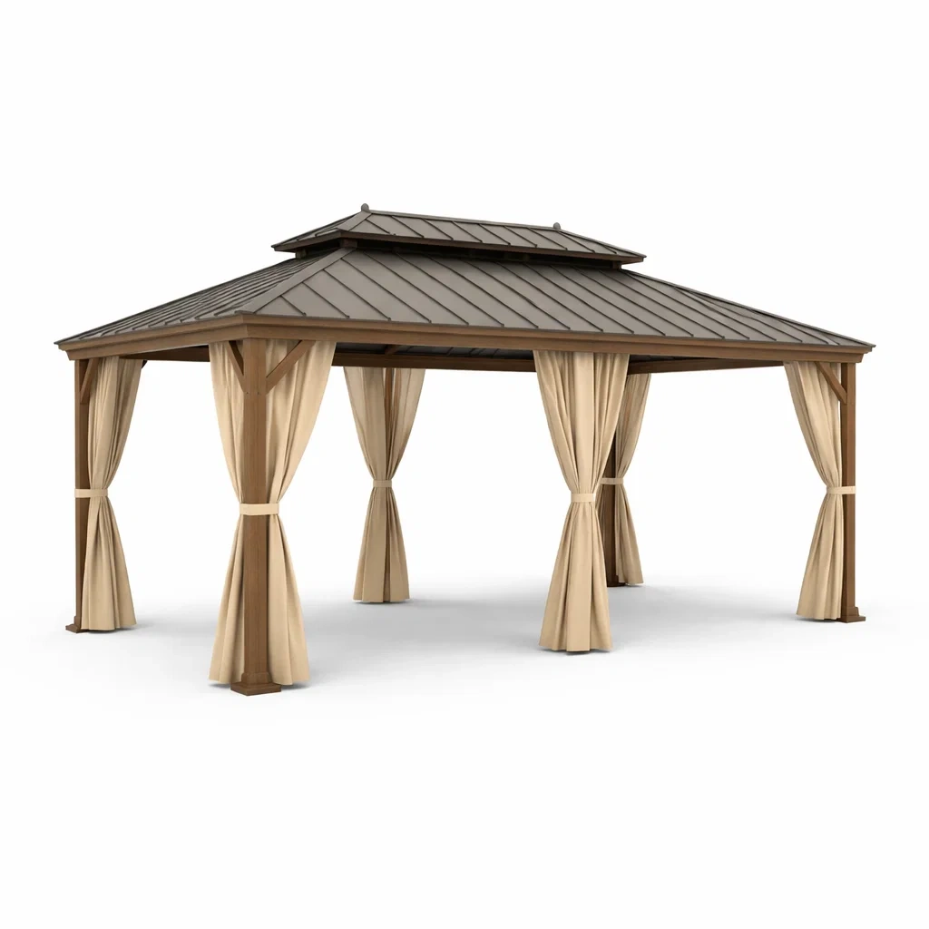 Gazebo in legno con tetto in metallo e tende in poliestere beige