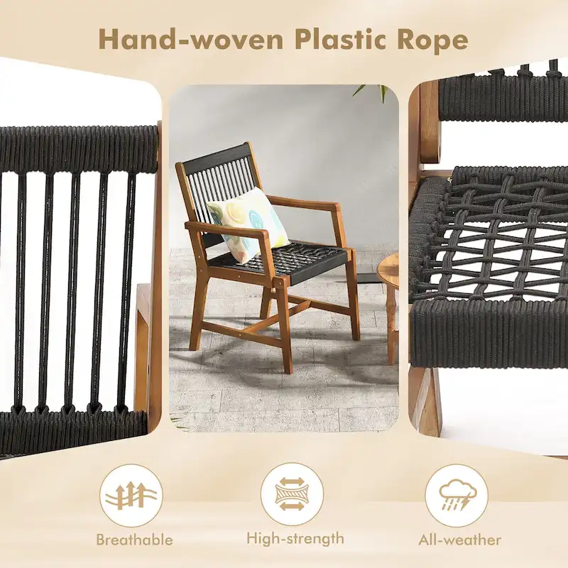 Gymax Patio 4PCS Acacia Wood Dining Chairs All-Weather Rope Woven