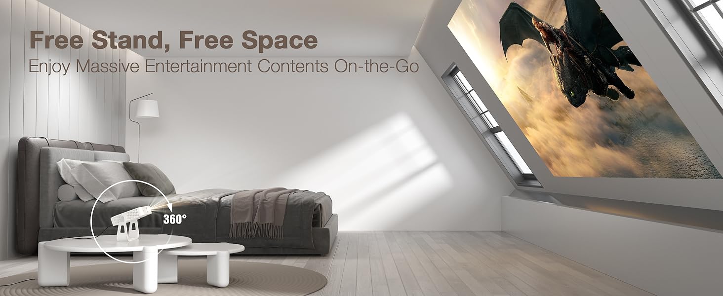 Text reads 'Free Stand, Free Space'. Product photography setup showing a device on a white surface with dramatic lighting and shadows.