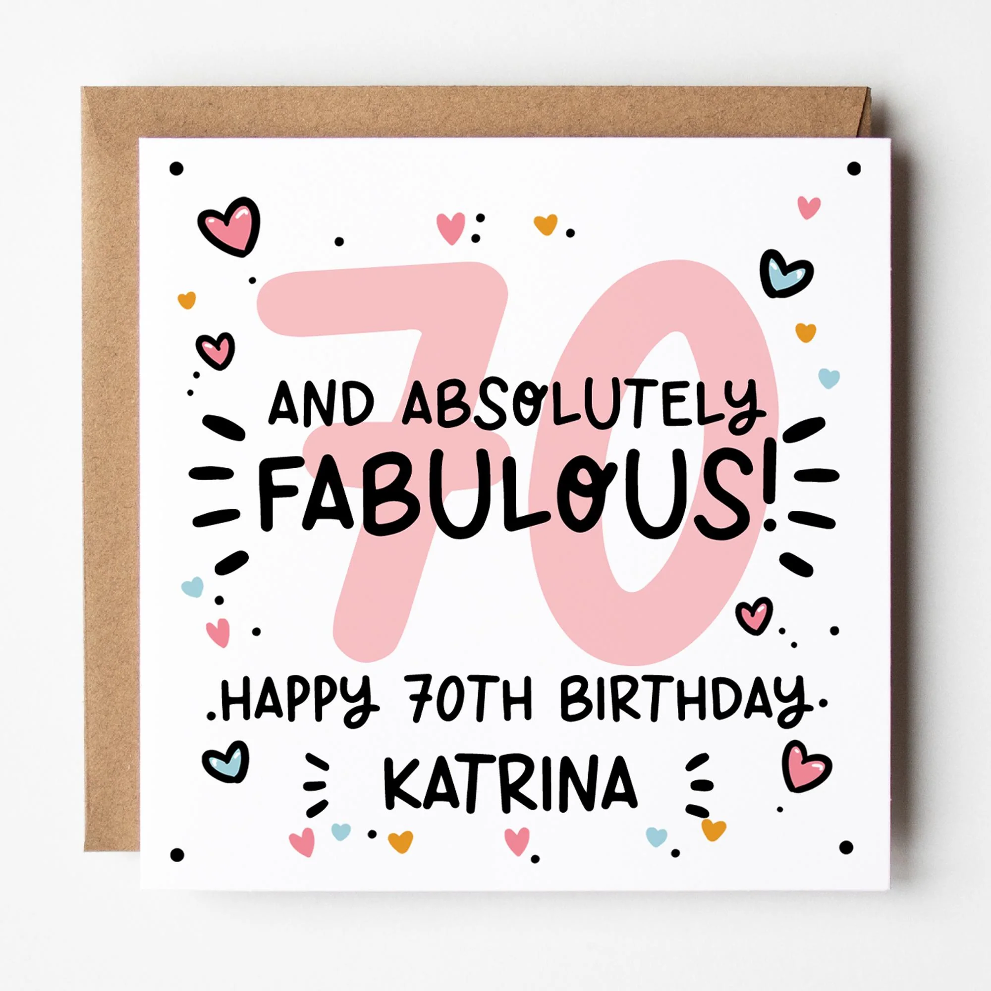 Fabulous 70th Birthday Card for Her, Personalised with Kraft envelope