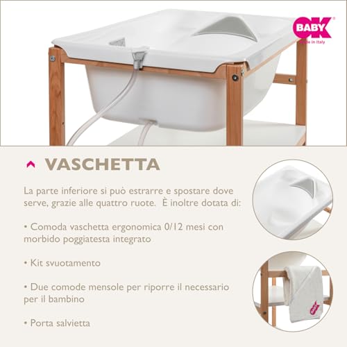 OKBABY Woody   Fasciatoio in Legno con Vaschetta Ergonomica e Ruote, Completo di Materassino Soffice per il Cambio del Neonato   0 12 Mesi (11kg)   Bianco : Amazon.it: Prima infanzia